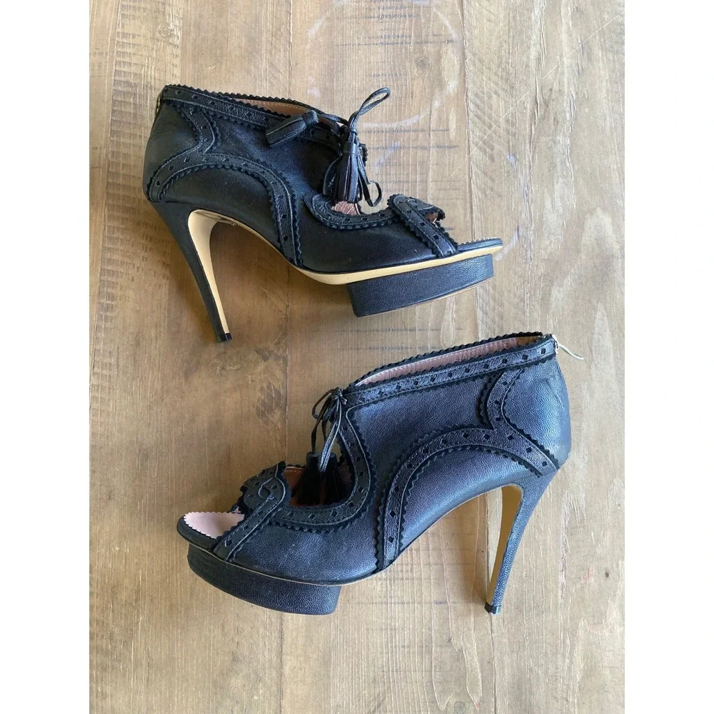 Suecomma Bonnie Black Leather Brogue Platform Peep Toe Tassel Heels 39.5